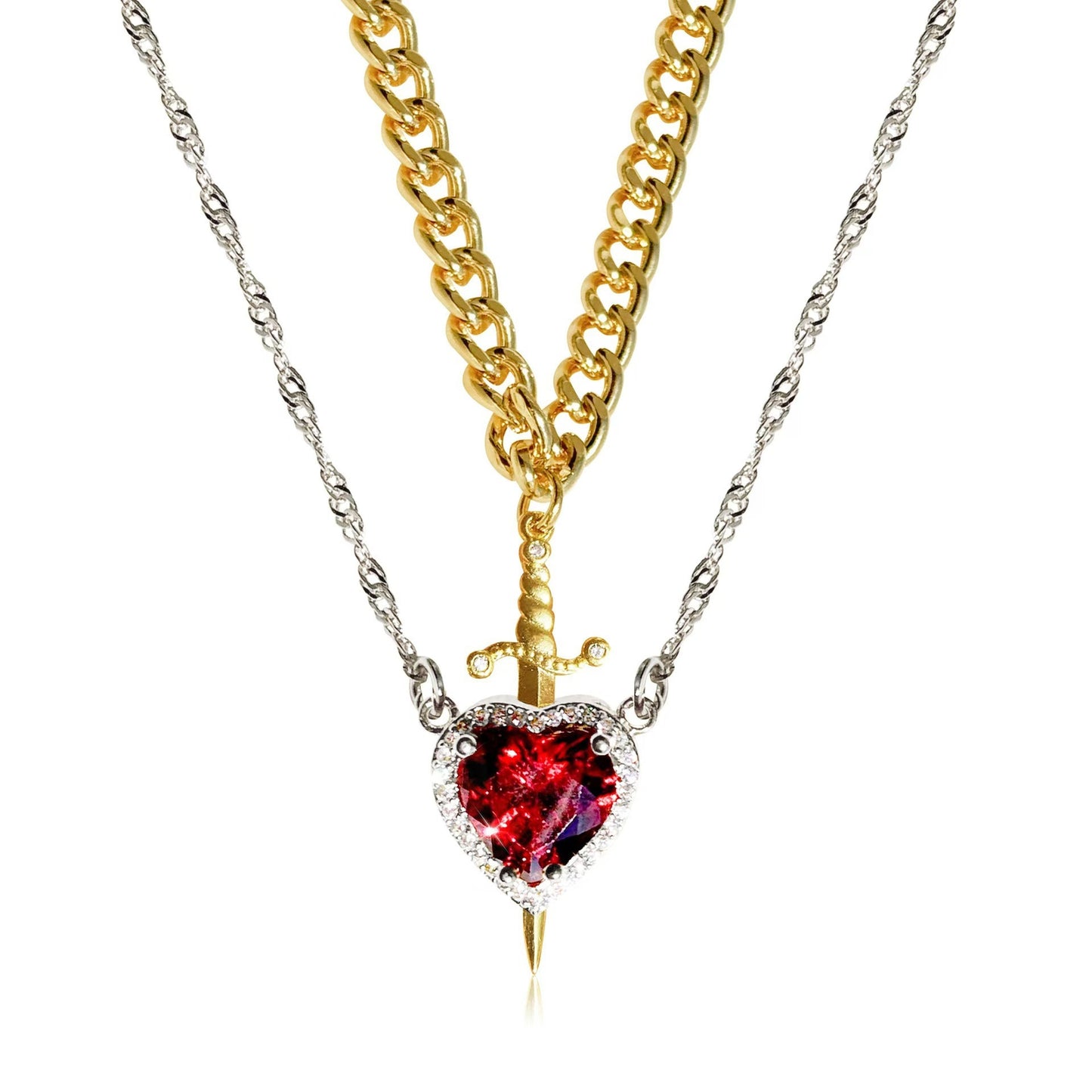 Heart And Sword Necklace Set Gold Color Stainless Steel Crystal New Necklaces