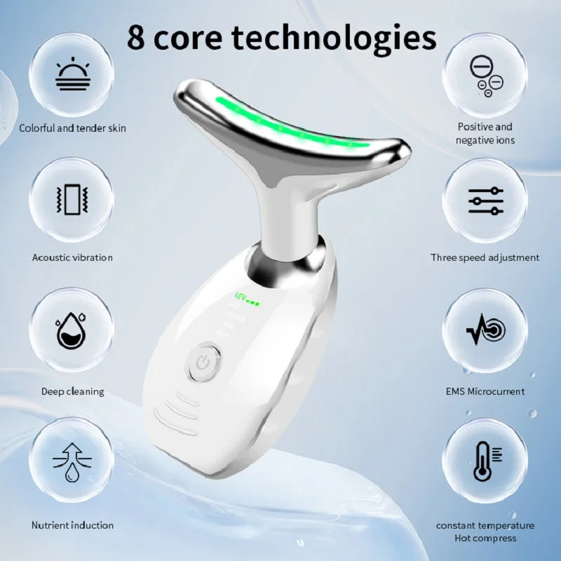 Neck Face Beauty Device Colorful LED Photon Therapy Skin Tighten Reduce Double Chin Anti Wrinkle Remove Lifting Massager - CyberLLC