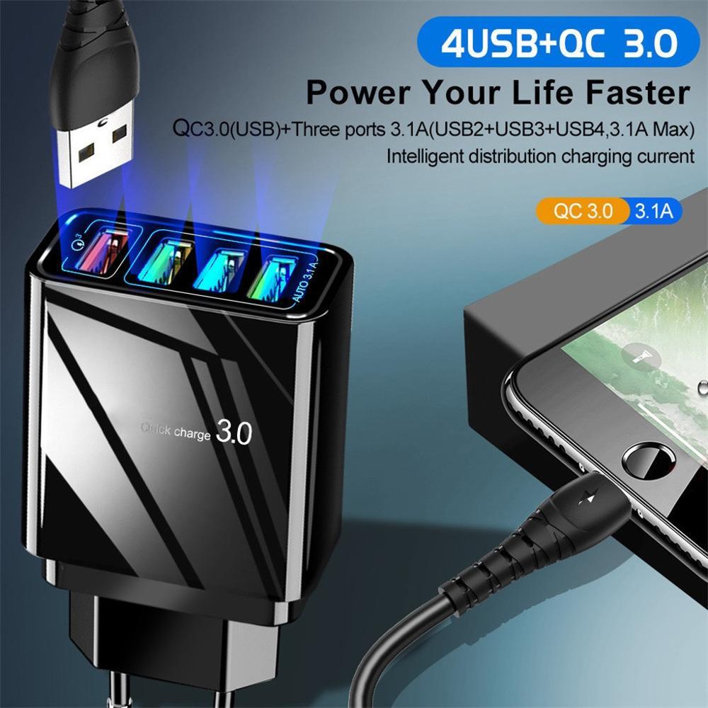 Illuminated 4-Port USB Mobile Phone Charger with 3A Fast Charging Head Multi-Device Power Adapter