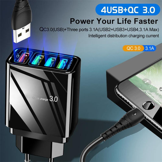 Illuminated 4-Port USB Mobile Phone Charger with 3A Fast Charging Head Multi-Device Power Adapter