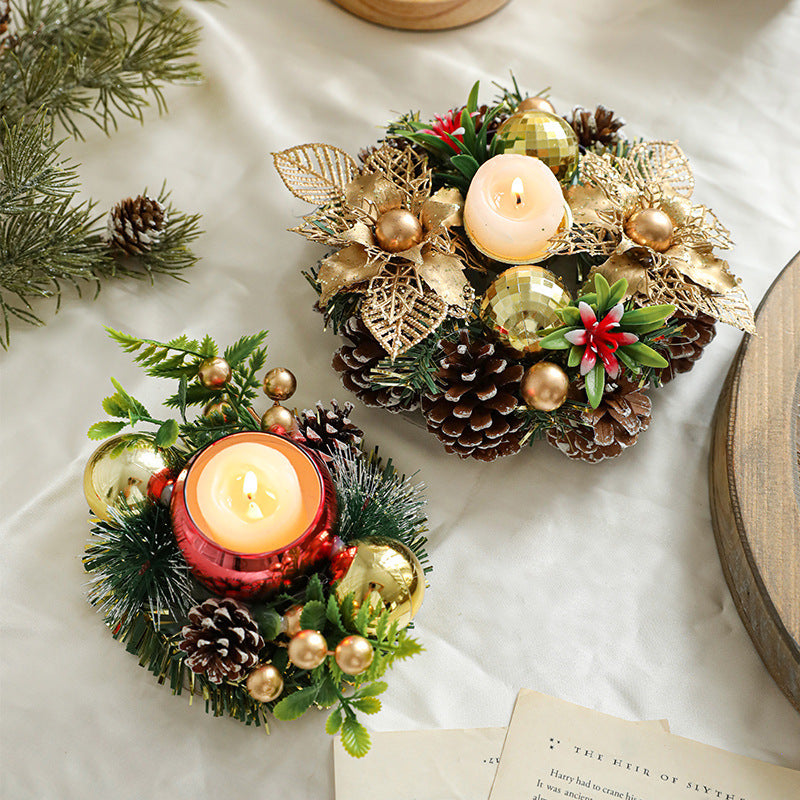 Christmas Candle Metals Candlestick, Wreath Pinball Pinecone Candle Holder, Leaves Xmas Home Table Decor - CyberLLC