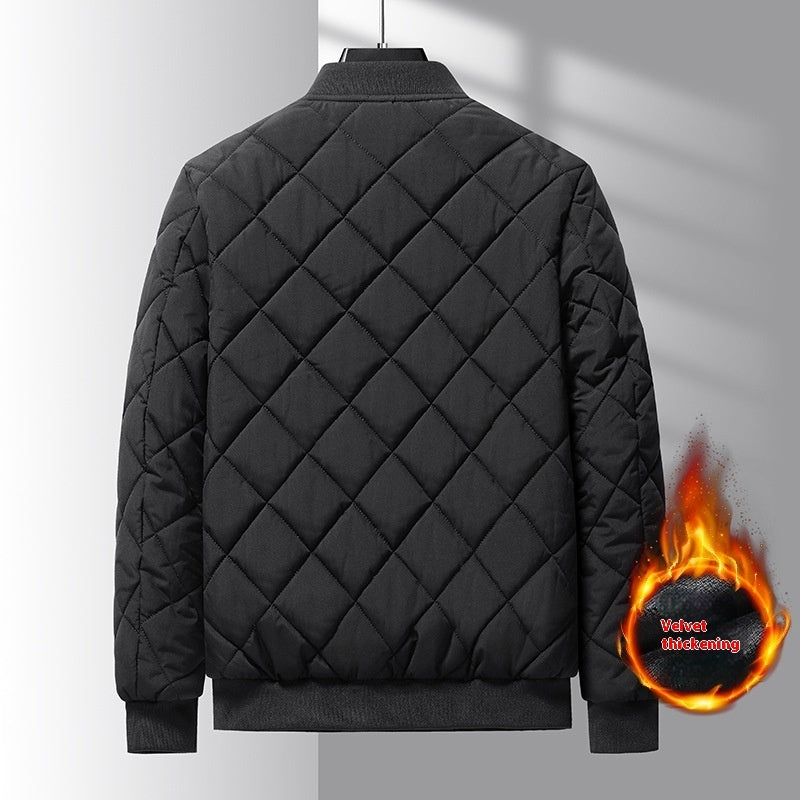 Trendy Rhombic-Sewing Cotton Coat, Thickened Winter Baseball Jacket, Casual Solid Color Warm Outwear - CyberLLC