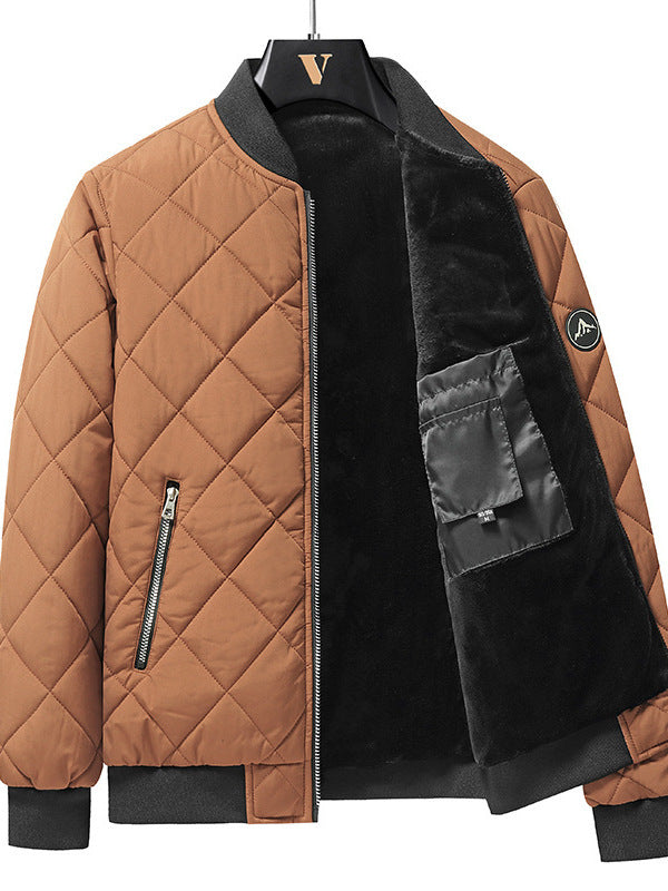 Trendy Rhombic-Sewing Cotton Coat, Thickened Winter Baseball Jacket, Casual Solid Color Warm Outwear - CyberLLC
