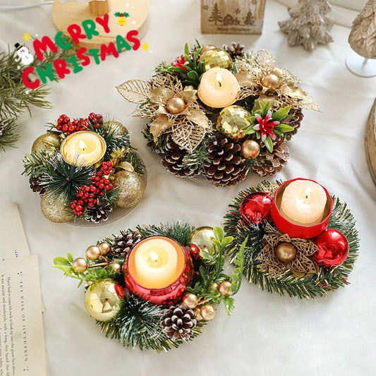 Christmas Candle Metals Candlestick, Wreath Pinball Pinecone Candle Holder, Leaves Xmas Home Table Decor - CyberLLC