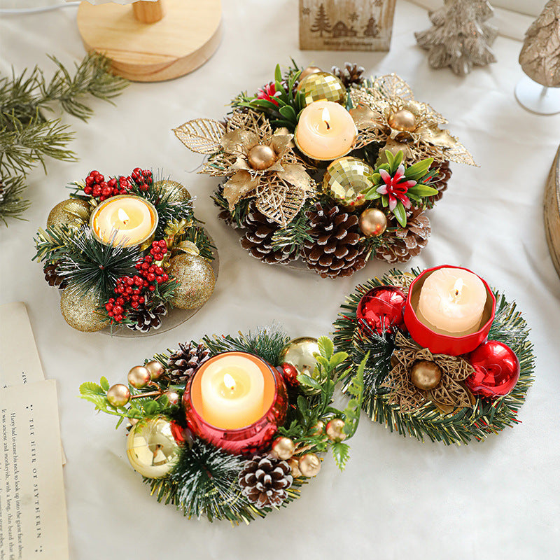 Christmas Candle Metals Candlestick, Wreath Pinball Pinecone Candle Holder, Leaves Xmas Home Table Decor - CyberLLC