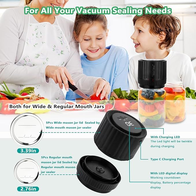 Electric Mason Jar Vacuum Sealer - BINZET Mason Jar Vacuum Sealing Kit For Food Storage, Compatible Wide & Regular Mouth Mason Lids- Canning Jar Mason Jar Vacuum Sealer With LED Countdown Display - CyberLLC