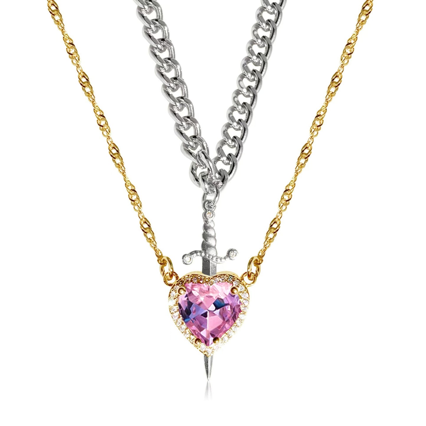 Heart And Sword Necklace Set Gold Color Stainless Steel Crystal New Necklaces