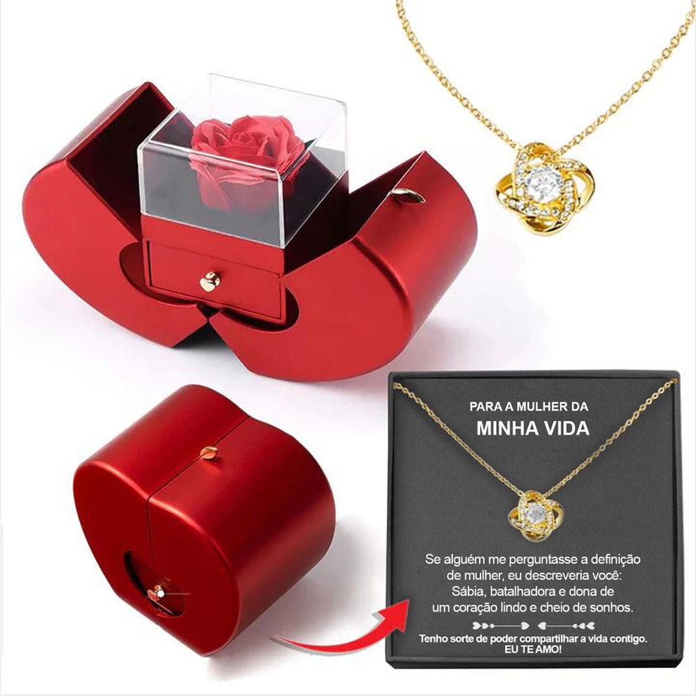 Last Minute Valentine's Gift, Red Apple Jewelry Box with Eternal Rose & Necklace