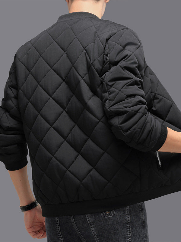 Trendy Rhombic-Sewing Cotton Coat, Thickened Winter Baseball Jacket, Casual Solid Color Warm Outwear - CyberLLC