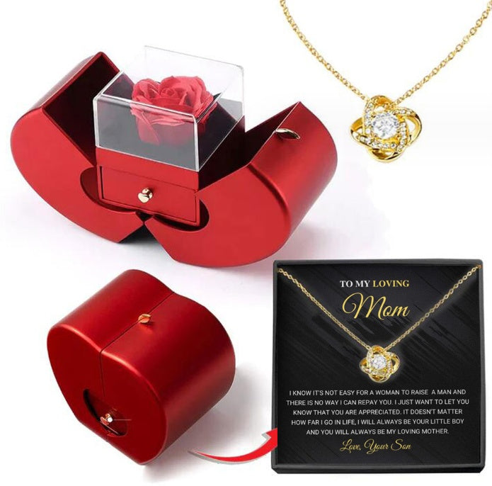 Last Minute Valentine's Gift, Red Apple Jewelry Box with Eternal Rose & Necklace