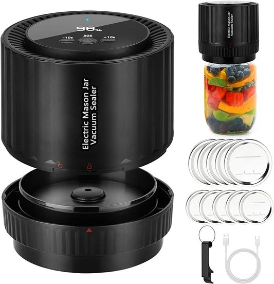 Electric Mason Jar Vacuum Sealer - BINZET Mason Jar Vacuum Sealing Kit For Food Storage, Compatible Wide & Regular Mouth Mason Lids- Canning Jar Mason Jar Vacuum Sealer With LED Countdown Display - CyberLLC