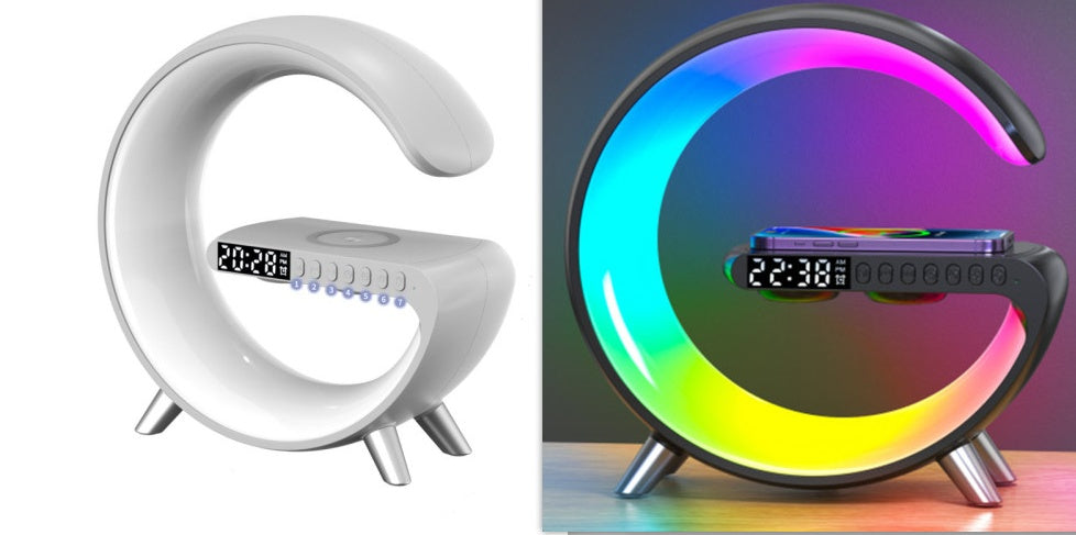 Smart, New G-Shaped LED Lamp: Bluetooth Speaker, Wireless Charger, & App-Controlled Atmosphere Light for Modern Home Decor - CyberLLC