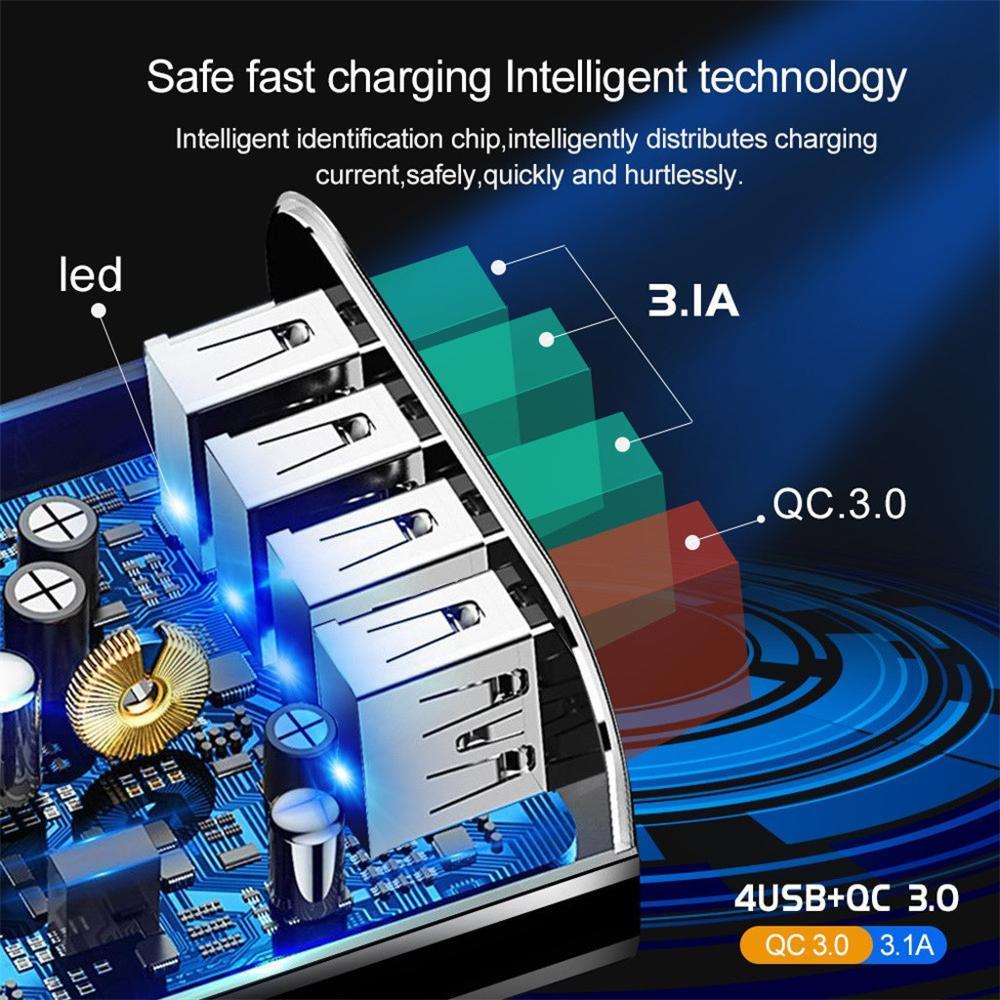 Illuminated 4-Port USB Mobile Phone Charger with 3A Fast Charging Head Multi-Device Power Adapter