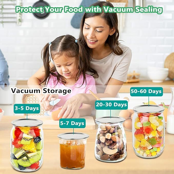 Electric Mason Jar Vacuum Sealer - BINZET Mason Jar Vacuum Sealing Kit For Food Storage, Compatible Wide & Regular Mouth Mason Lids- Canning Jar Mason Jar Vacuum Sealer With LED Countdown Display - CyberLLC