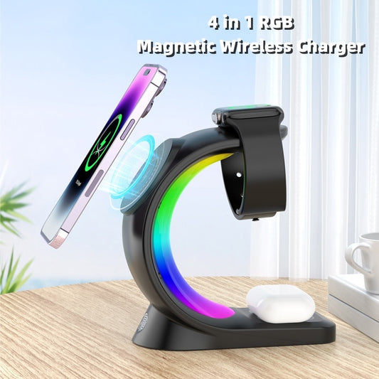 4 In 1 Magnetic Wireless Charger Fast Charging For Smart Phone Atmosphere Light Charging Station For Airpods Pro I-phone Watch - CyberLLC