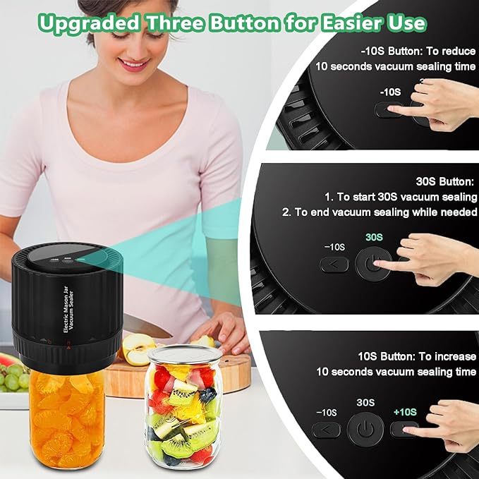 Electric Mason Jar Vacuum Sealer - BINZET Mason Jar Vacuum Sealing Kit For Food Storage, Compatible Wide & Regular Mouth Mason Lids- Canning Jar Mason Jar Vacuum Sealer With LED Countdown Display - CyberLLC