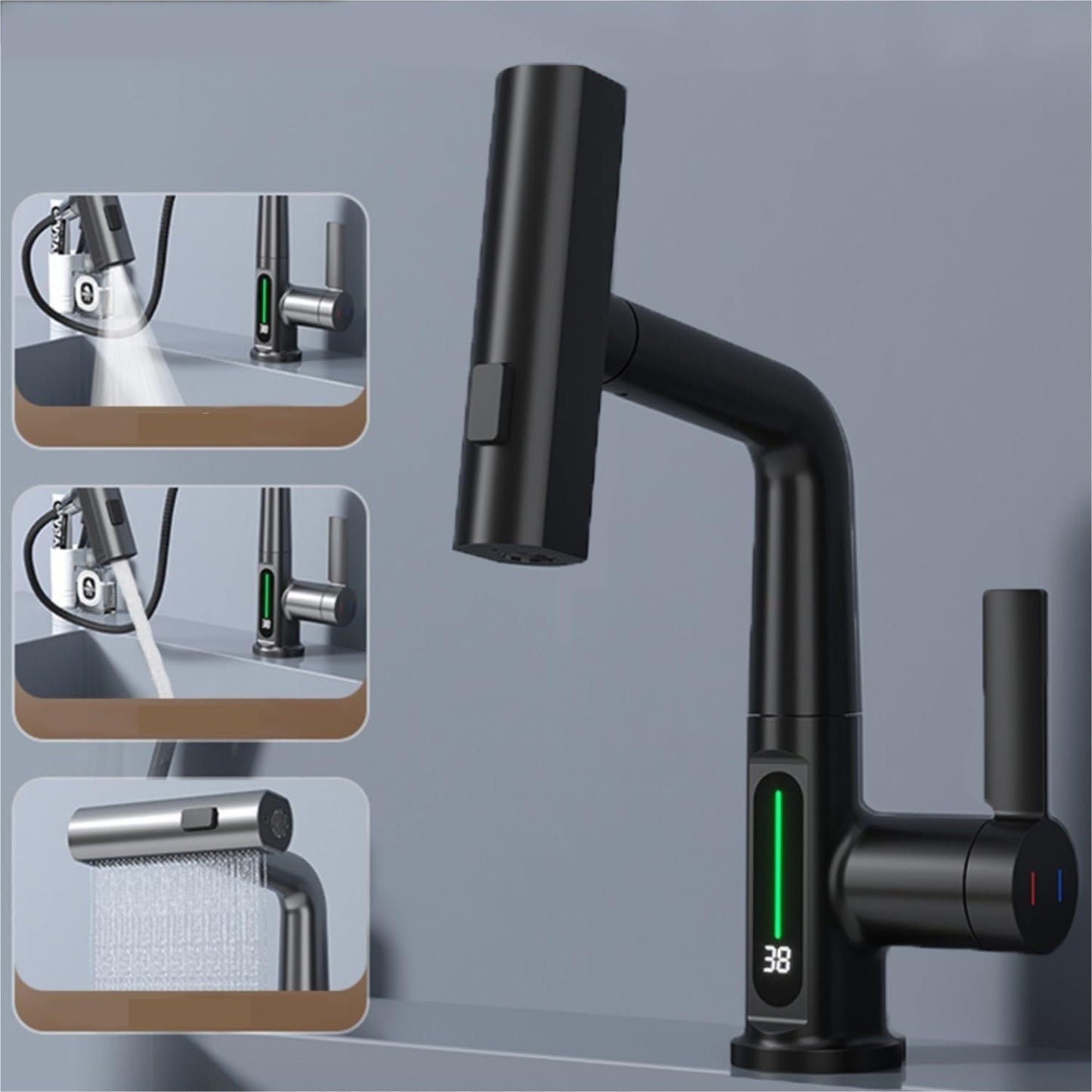 Intelligent Digital Display Faucet Pull-out Basin Faucet Temperature Digital Display Rotation - CyberLLC