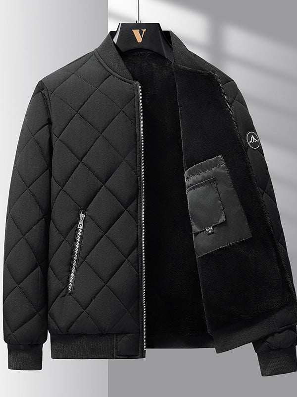 Trendy Rhombic-Sewing Cotton Coat, Thickened Winter Baseball Jacket, Casual Solid Color Warm Outwear - CyberLLC