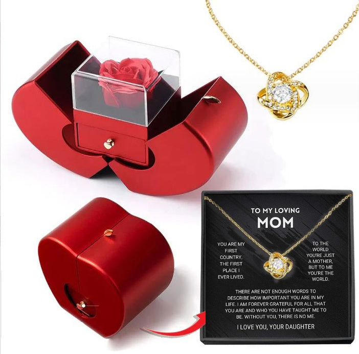 Last Minute Valentine's Gift, Red Apple Jewelry Box with Eternal Rose & Necklace