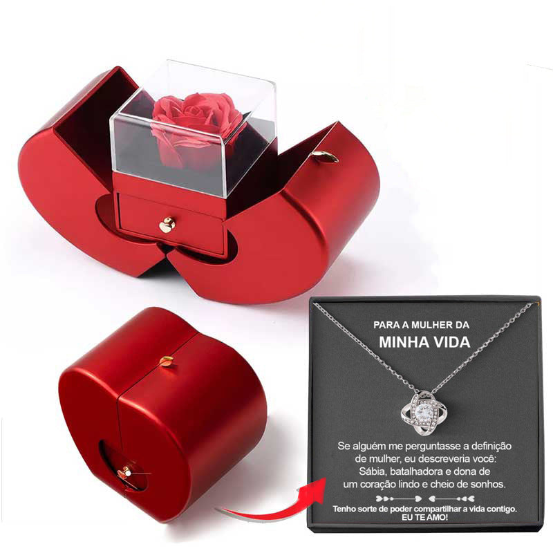 Last Minute Valentine's Gift, Red Apple Jewelry Box with Eternal Rose & Necklace