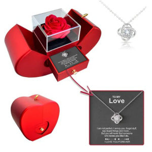 Last Minute Valentine's Gift, Red Apple Jewelry Box with Eternal Rose & Necklace
