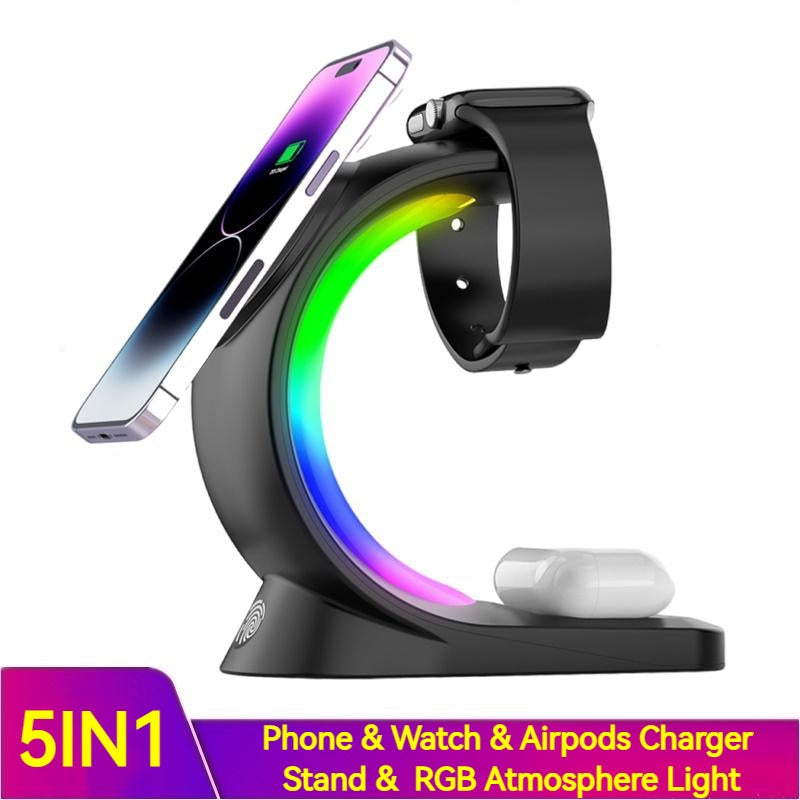 4 In 1 Magnetic Wireless Charger Fast Charging For Smart Phone Atmosphere Light Charging Station For Airpods Pro I-phone Watch - CyberLLC