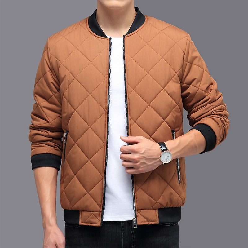 Trendy Rhombic-Sewing Cotton Coat, Thickened Winter Baseball Jacket, Casual Solid Color Warm Outwear - CyberLLC