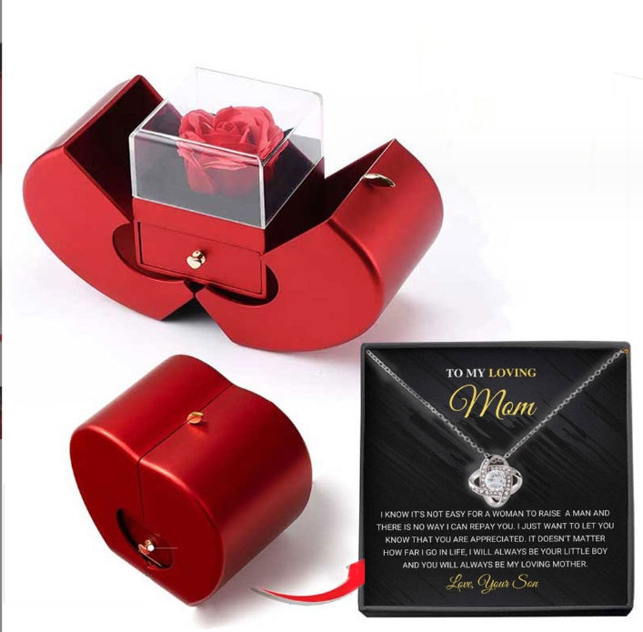 Last Minute Valentine's Gift, Red Apple Jewelry Box with Eternal Rose & Necklace