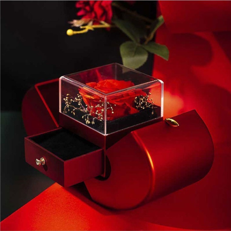 Last Minute Valentine's Gift, Red Apple Jewelry Box with Eternal Rose & Necklace