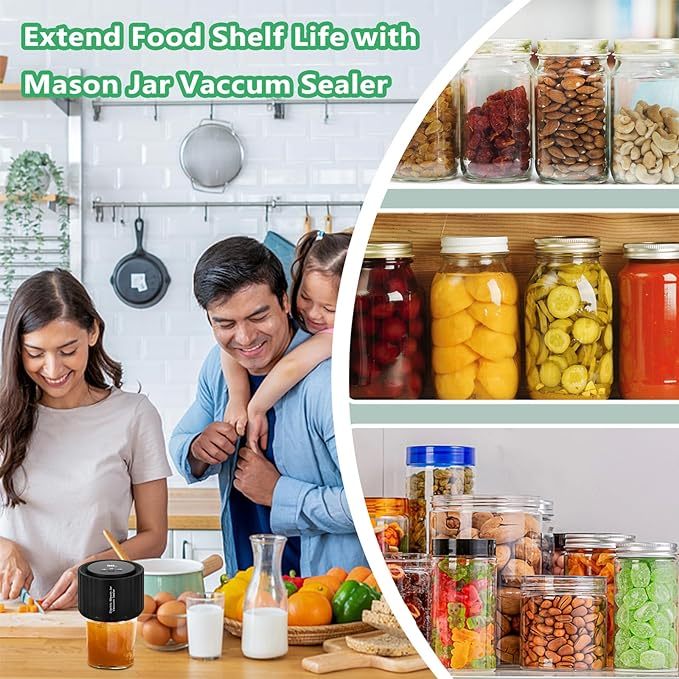 Electric Mason Jar Vacuum Sealer - BINZET Mason Jar Vacuum Sealing Kit For Food Storage, Compatible Wide & Regular Mouth Mason Lids- Canning Jar Mason Jar Vacuum Sealer With LED Countdown Display - CyberLLC