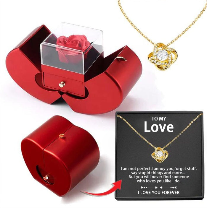 Last Minute Valentine's Gift, Red Apple Jewelry Box with Eternal Rose & Necklace