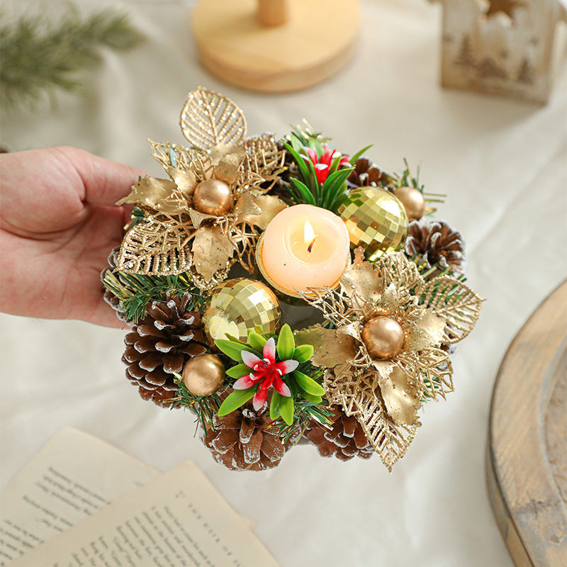Christmas Candle Metals Candlestick, Wreath Pinball Pinecone Candle Holder, Leaves Xmas Home Table Decor - CyberLLC