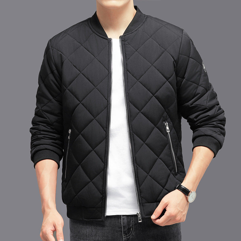 Trendy Rhombic-Sewing Cotton Coat, Thickened Winter Baseball Jacket, Casual Solid Color Warm Outwear - CyberLLC
