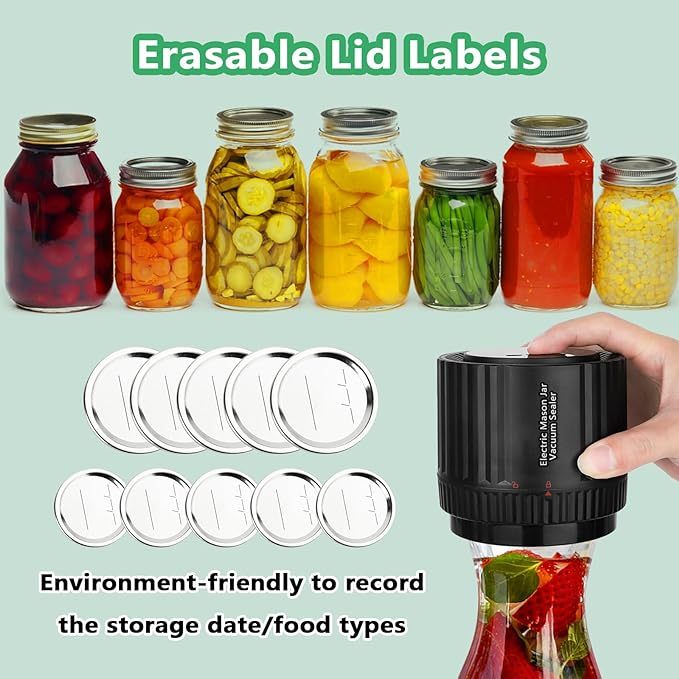 Electric Mason Jar Vacuum Sealer - BINZET Mason Jar Vacuum Sealing Kit For Food Storage, Compatible Wide & Regular Mouth Mason Lids- Canning Jar Mason Jar Vacuum Sealer With LED Countdown Display - CyberLLC