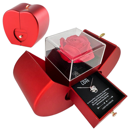 Last Minute Valentine's Gift, Red Apple Jewelry Box with Eternal Rose & Necklace