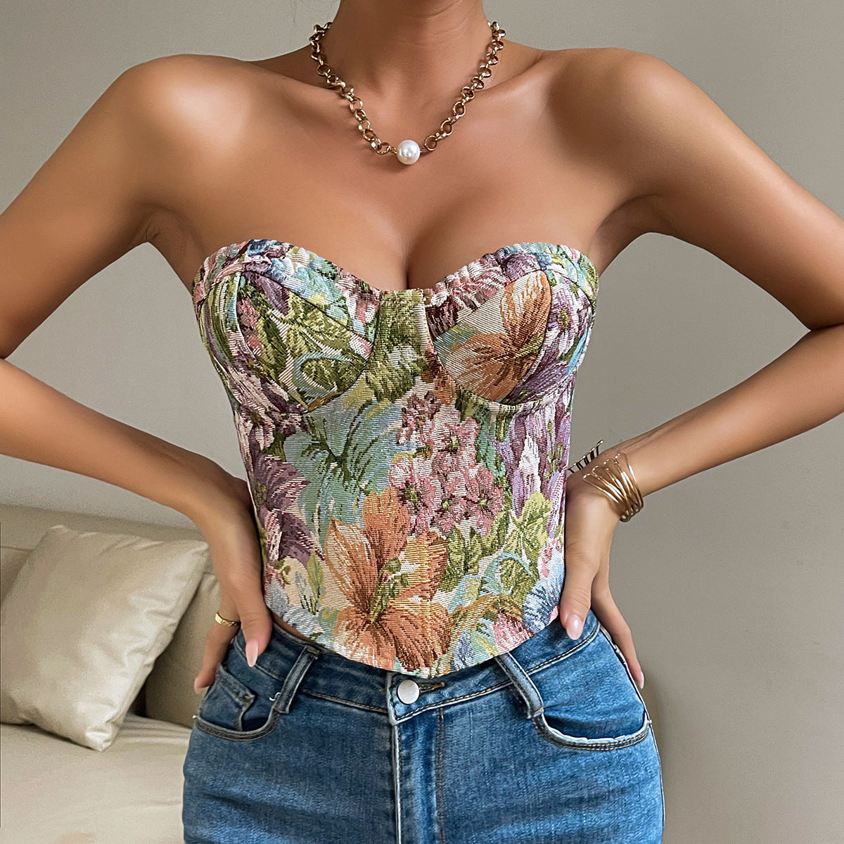 Floral Print Crop Corset Vest Top Tube With Back tied Design Fashion Tank For Women