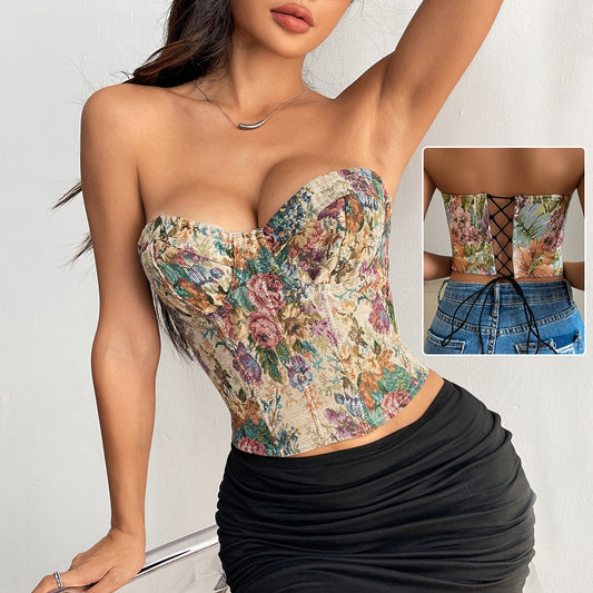 Floral Print Crop Corset Vest Top Tube With Back tied Design Fashion Tank For Women