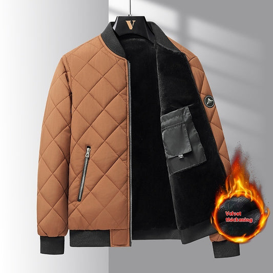 Trendy Rhombic-Sewing Cotton Coat, Thickened Winter Baseball Jacket, Casual Solid Color Warm Outwear - CyberLLC