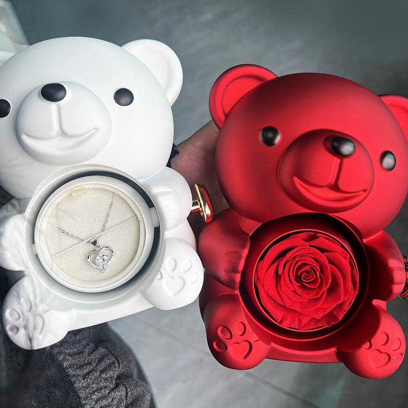 Eternal Rose Teddy Bear Jewelry Box with Necklace  Rotating Romantic Gift for Girlfriend, Valentine’s Day, Anniversary & Wedding