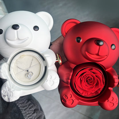 Eternal Rose Teddy Bear Jewelry Box with Necklace  Rotating Romantic Gift for Girlfriend, Valentine’s Day, Anniversary & Wedding