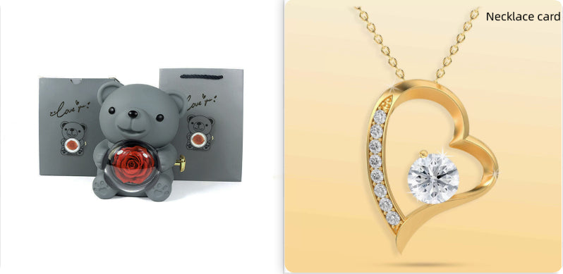 Eternal Rose Teddy Bear Jewelry Box with Necklace  Rotating Romantic Gift for Girlfriend, Valentine’s Day, Anniversary & Wedding
