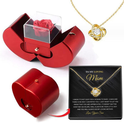 Last Minute Valentine's Gift, Red Apple Jewelry Box with Eternal Rose & Necklace