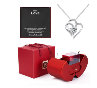 Last Minute Valentine's Gift, Red Apple Jewelry Box with Eternal Rose & Necklace