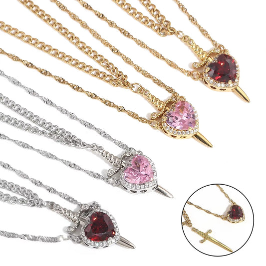 Heart And Sword Necklace Set Gold Color Stainless Steel Crystal New Necklaces