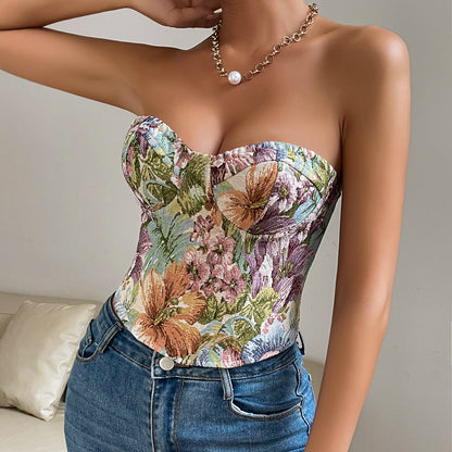 Floral Print Crop Corset Vest Top Tube With Back tied Design Fashion Tank For Women