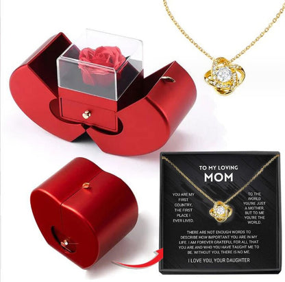 Last Minute Valentine's Gift, Red Apple Jewelry Box with Eternal Rose & Necklace