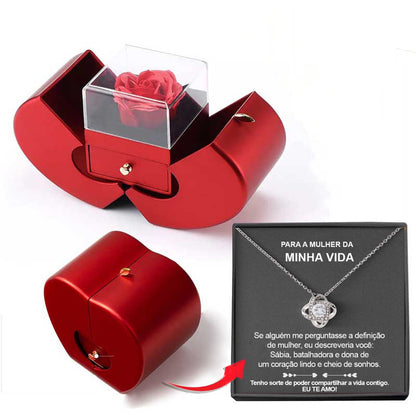 Last Minute Valentine's Gift, Red Apple Jewelry Box with Eternal Rose & Necklace