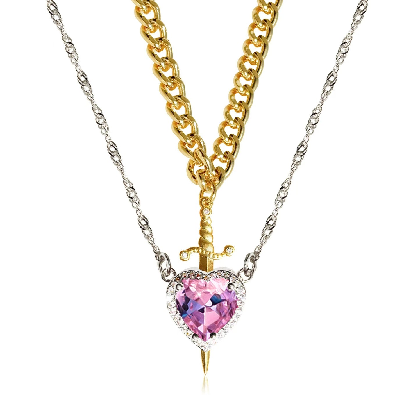 Heart And Sword Necklace Set Gold Color Stainless Steel Crystal New Necklaces