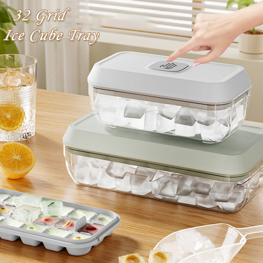 Ice Cube Tray 32 Grid Silicone Mould With Lid Shovel Storage Box Remove With One Click Ice Maker Summer Kitchen Gadget