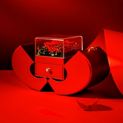 Last Minute Valentine's Gift, Red Apple Jewelry Box with Eternal Rose & Necklace